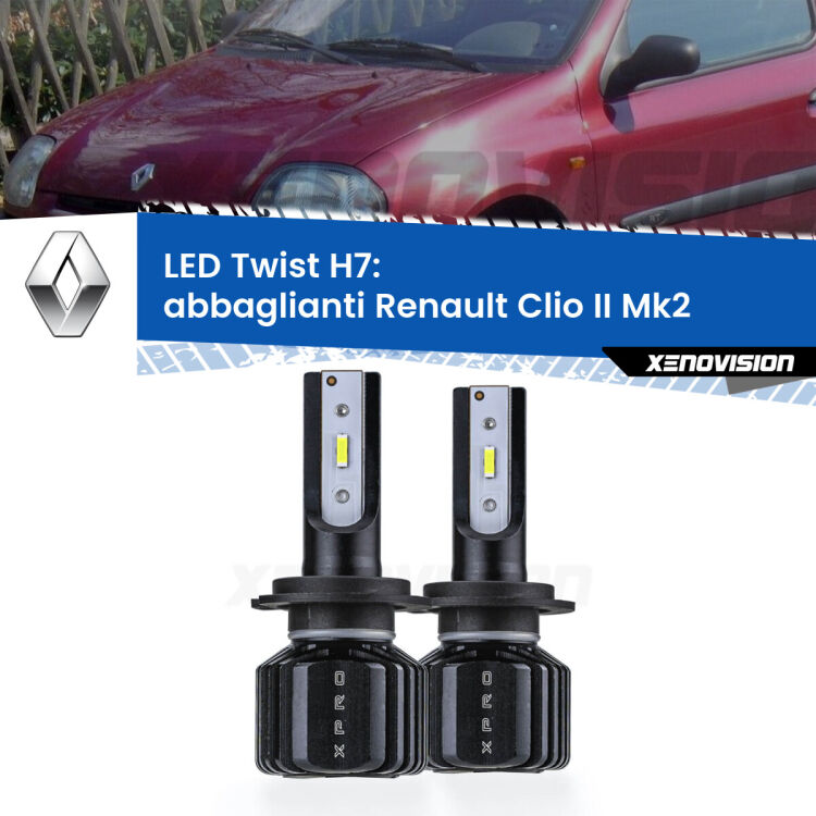 <strong>Kit abbaglianti LED</strong> H7 per <strong>Renault Clio II</strong> Mk2 con fari Xenon. Compatte, impermeabili, senza ventola: praticamente indistruttibili. Top Quality.