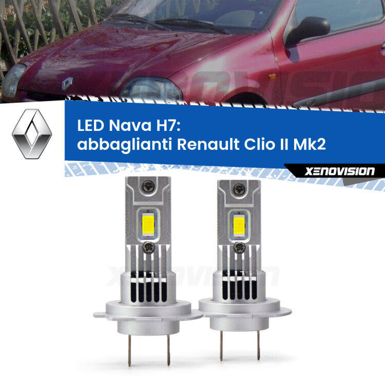 0 Abbaglianti LED Renault Clio II Mk2 con fari Xenon: H7 Nava <strong>Abbaglianti LED no-spie per Renault Clio II</strong> Mk2 con fari Xenon. Coppia lampade <strong>H7</strong> modello Nava canbus, raffreddate a ventola.