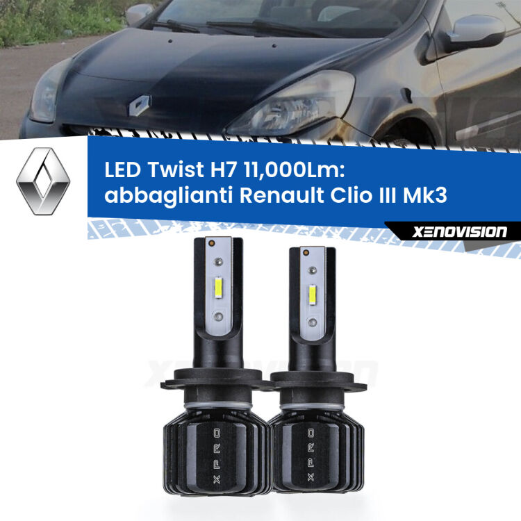 <strong>Kit abbaglianti LED</strong> H7 per <strong>Renault Clio III</strong> Mk3 2005-2011. Compatte, impermeabili, senza ventola: praticamente indistruttibili. Top Quality.