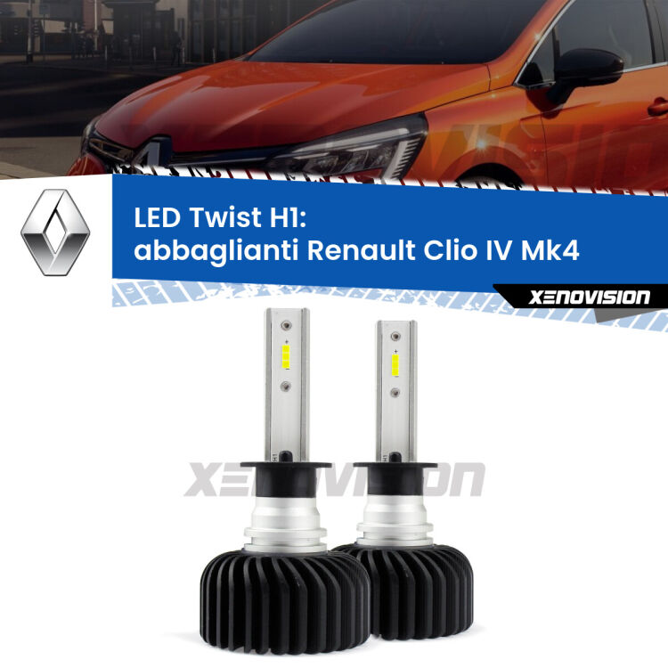 <strong>Kit abbaglianti LED</strong> H1 per <strong>Renault Clio IV</strong> Mk4 2012-2018. Compatte, impermeabili, senza ventola: praticamente indistruttibili. Top Quality.