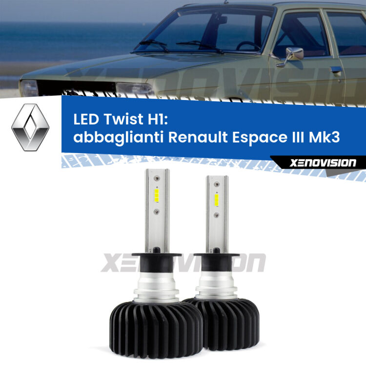 <strong>Kit abbaglianti LED</strong> H1 per <strong>Renault Espace III</strong> Mk3 1996-2000. Compatte, impermeabili, senza ventola: praticamente indistruttibili. Top Quality.