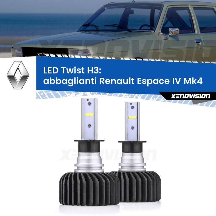 <strong>Kit abbaglianti LED</strong> H3 per <strong>Renault Espace IV</strong> Mk4 2002-2006. Compatte, impermeabili, senza ventola: praticamente indistruttibili. Top Quality.