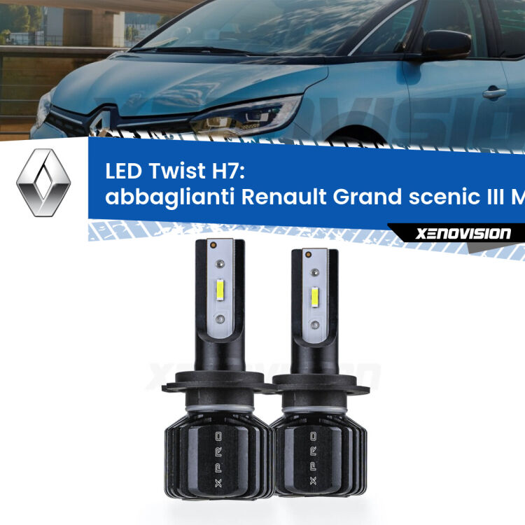 <strong>Kit abbaglianti LED</strong> H7 per <strong>Renault Grand scenic III</strong> Mk3 2009-2015. Compatte, impermeabili, senza ventola: praticamente indistruttibili. Top Quality.