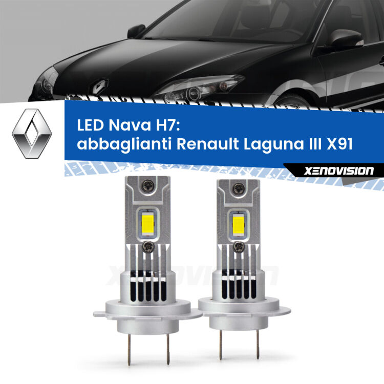 0 Abbaglianti LED Renault Laguna III X91 2007 -2015: H7 Nava <strong>Abbaglianti LED no-spie per Renault Laguna III</strong> X91 2007 -2015. Coppia lampade <strong>H7</strong> modello Nava canbus, raffreddate a ventola.