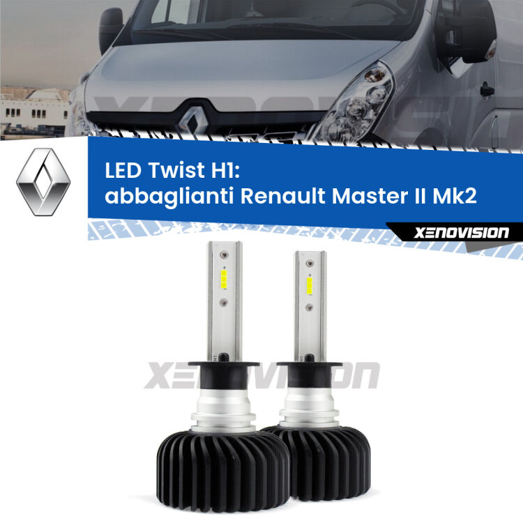 <strong>Kit abbaglianti LED</strong> H1 per <strong>Renault Master II</strong> Mk2 a parabola doppia. Compatte, impermeabili, senza ventola: praticamente indistruttibili. Top Quality.