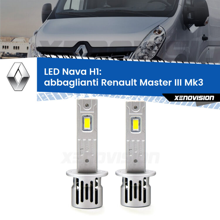 0 Abbaglianti LED Renault Master III Mk3 2010 in poi: H1 Nava <strong>Abbaglianti LED no-spie per Renault Master III</strong> Mk3 2010 in poi. Coppia lampade <strong> H1</strong> modello Nava canbus, raffreddate a ventola.