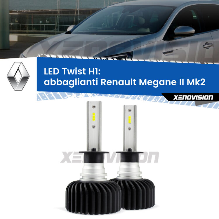 <strong>Kit abbaglianti LED</strong> H1 per <strong>Renault Megane II</strong> Mk2 dal 2006, con fari Xenon. Compatte, impermeabili, senza ventola: praticamente indistruttibili. Top Quality.