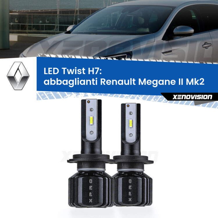 <strong>Kit abbaglianti LED</strong> H7 per <strong>Renault Megane II</strong> Mk2 fino al 2006, con fari Xenon. Compatte, impermeabili, senza ventola: praticamente indistruttibili. Top Quality.