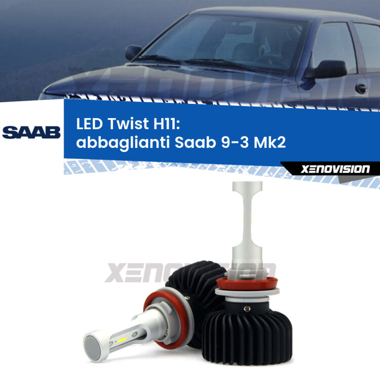 <strong>Kit abbaglianti LED</strong> H11 per <strong>Saab 9-3</strong> Mk2 2008-2015. Compatte, impermeabili, senza ventola: praticamente indistruttibili. Top Quality.