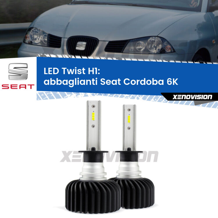 <strong>Kit abbaglianti LED</strong> H1 per <strong>Seat Cordoba</strong> 6K a parabola doppia. Compatte, impermeabili, senza ventola: praticamente indistruttibili. Top Quality.