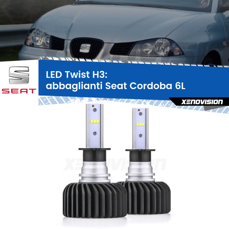 <strong>Kit abbaglianti LED</strong> H3 per <strong>Seat Cordoba</strong> 6L a parabola doppia. Compatte, impermeabili, senza ventola: praticamente indistruttibili. Top Quality.