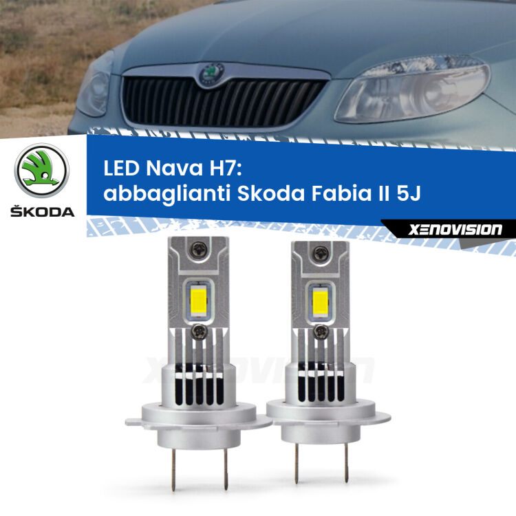 0 Abbaglianti LED Skoda Fabia II 5J 2006 -2014: H7 Nava <strong>Abbaglianti LED no-spie per Skoda Fabia II</strong> 5J 2006 -2014. Coppia lampade <strong>H7</strong> modello Nava canbus, raffreddate a ventola.
