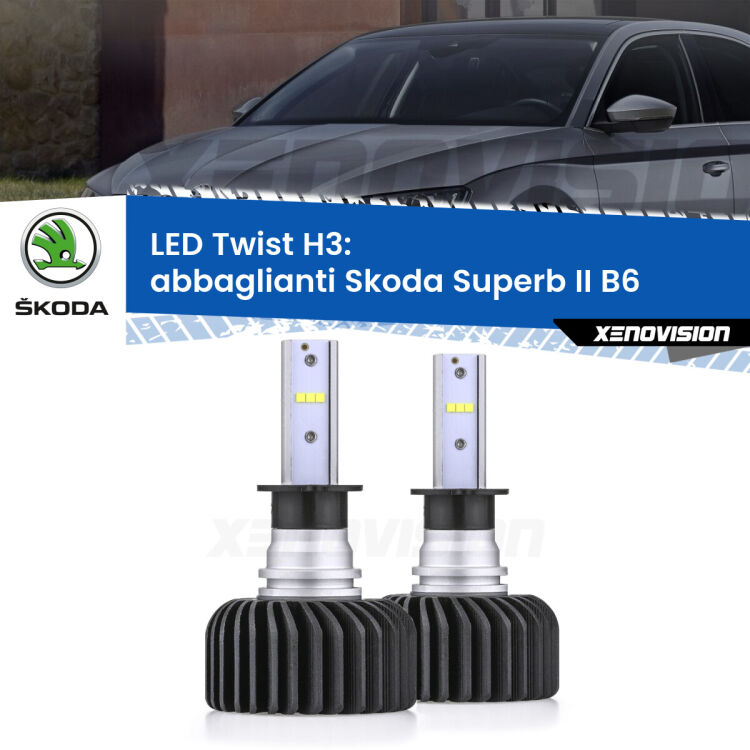 <strong>Kit abbaglianti LED</strong> H3 per <strong>Skoda Superb II</strong> B6 2008-2013. Compatte, impermeabili, senza ventola: praticamente indistruttibili. Top Quality.