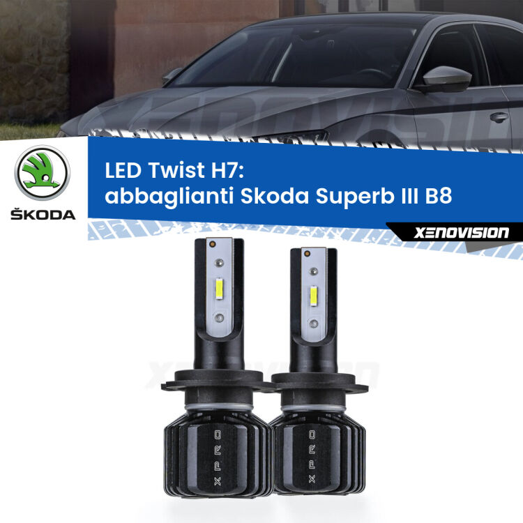 <strong>Kit abbaglianti LED</strong> H7 per <strong>Skoda Superb III</strong> B8 2015in poi. Compatte, impermeabili, senza ventola: praticamente indistruttibili. Top Quality.