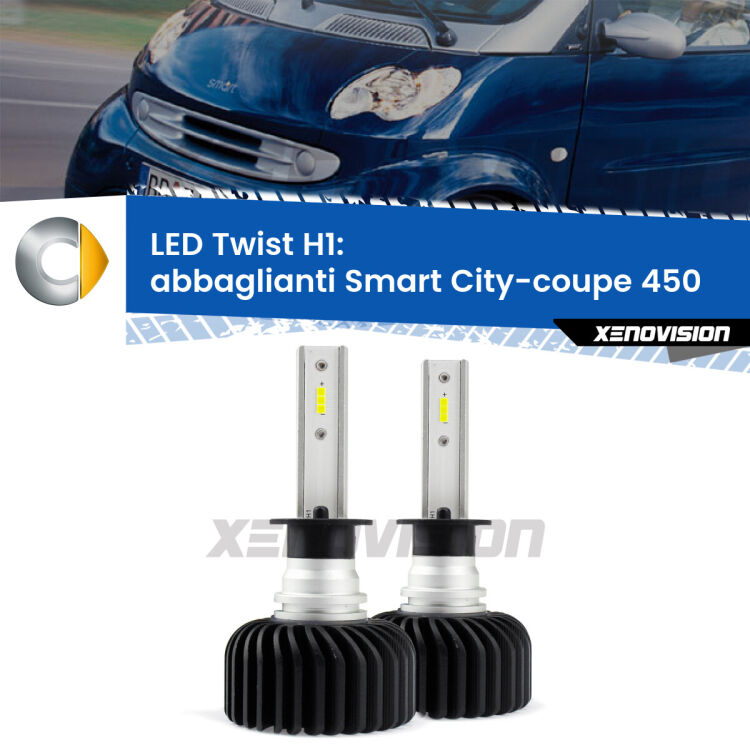 Abbaglianti LED Smart City-coupe 450 restyling: H1 11,000Lm <strong>Kit abbaglianti LED</strong> H1 per <strong>Smart City-coupe</strong> 450 restyling. Compatte, impermeabili, senza ventola: praticamente indistruttibili. Top Quality.