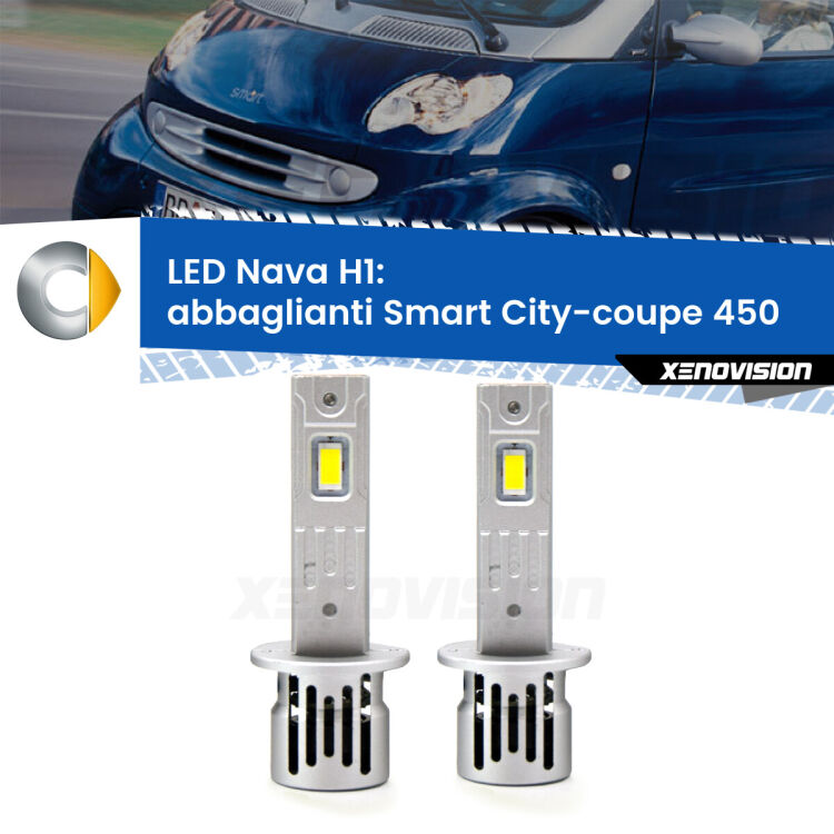 0 Abbaglianti LED Smart City-coupe 450 restyling: H1 Nava <strong>Abbaglianti LED no-spie per Smart City-coupe</strong> 450 restyling. Coppia lampade <strong> H1</strong> modello Nava canbus, raffreddate a ventola.