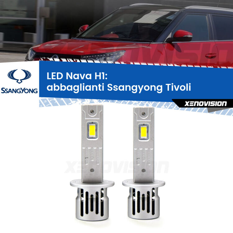 Abbaglianti LED Ssangyong Tivoli  2015 in poi: H1 Nava <strong>Abbaglianti LED no-spie per Ssangyong Tivoli</strong>  2015 in poi. Coppia lampade <strong> H1</strong> modello Nava canbus, raffreddate a ventola.
