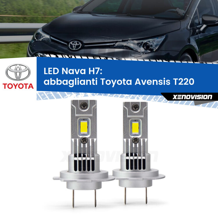 0 Abbaglianti LED Toyota Avensis T220 1997 -2003: H7 Nava <strong>Abbaglianti LED no-spie per Toyota Avensis</strong> T220 1997 -2003. Coppia lampade <strong>H7</strong> modello Nava canbus, raffreddate a ventola.