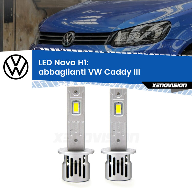 0 Abbaglianti LED VW Caddy III 2004-2010 senza DRL: H1 Nava <strong>Abbaglianti LED no-spie per VW Caddy III</strong> 2004-2010 senza DRL. Coppia lampade <strong> H1</strong> modello Nava canbus, raffreddate a ventola.
