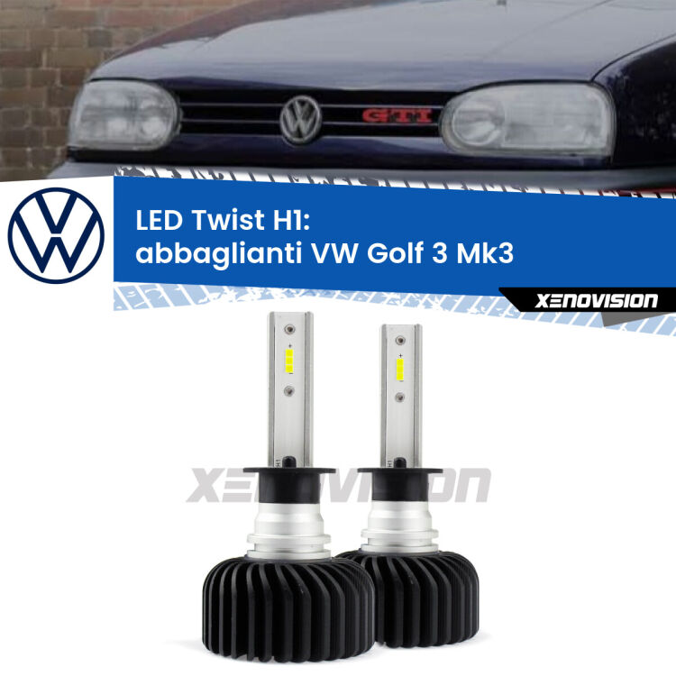 <strong>Kit abbaglianti LED</strong> H1 per <strong>VW Golf 3</strong> Mk3 a parabola doppia. Compatte, impermeabili, senza ventola: praticamente indistruttibili. Top Quality.
