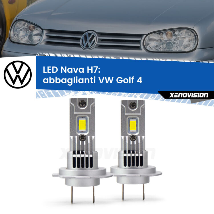 Abbaglianti LED VW Golf 4  con fari Xenon: H7 Nava <strong>Abbaglianti LED no-spie per VW Golf 4</strong>  con fari Xenon. Coppia lampade <strong>H7</strong> modello Nava canbus, raffreddate a ventola.