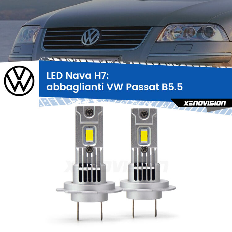 0 Abbaglianti LED VW Passat B5.5 2000 -2005: H7 Nava <strong>Abbaglianti LED no-spie per VW Passat</strong> B5.5 2000 -2005. Coppia lampade <strong>H7</strong> modello Nava canbus, raffreddate a ventola.