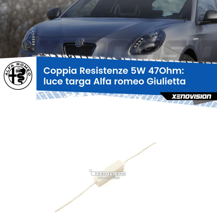 0 Alfa romeo Giulietta 2010 in poi: Resistenze Spegnispia 5W Economica per Luce Targa (Coppia) Coppia di resistenze in ceramica 5 Watt, economiche, durature ed efficaci per spegnere eventuali spie su luce targa per Alfa romeo Giulietta 2010 in poi. Va collegata in parallalelo.