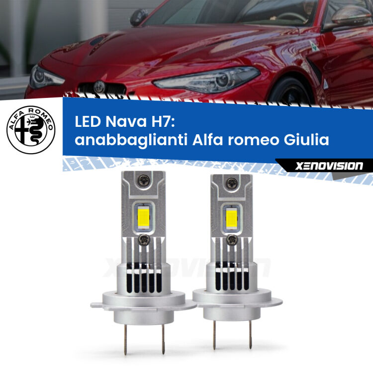 Anabbaglianti LED Alfa romeo Giulia  2015 in poi: H7 Nava <strong>Anabbaglianti LED no-spie per Alfa romeo Giulia</strong>  2015 in poi. Coppia lampade <strong>H7</strong> modello Nava canbus, raffreddate a ventola.
