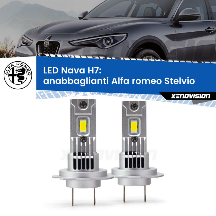 Anabbaglianti LED Alfa romeo Stelvio  2016 in poi: H7 Nava <strong>Anabbaglianti LED no-spie per Alfa romeo Stelvio</strong>  2016 in poi. Coppia lampade <strong>H7</strong> modello Nava canbus, raffreddate a ventola.