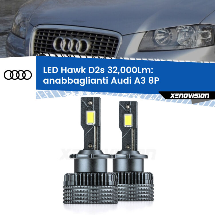 0 Anabbaglianti LED Audi A3 8P 2003 - 2008 - D2S/R 32,000Lm <strong>Kit anabbaglianti LED specifico per Audi A3</strong> 8P 2003 - 2008. Lampade <strong>D2S/D2R</strong> Canbus da 32.000Lumen di luminosità modello Hawk Xenovision.