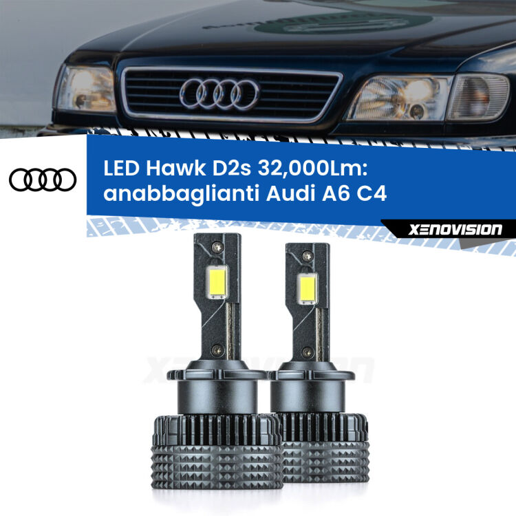 Anabbaglianti LED Audi A6 C4 1994 - 1997 - D2S/R 32,000Lm <strong>Kit anabbaglianti LED specifico per Audi A6</strong> C4 1994 - 1997. Lampade <strong>D2S/D2R</strong> Canbus da 32.000Lumen di luminosità modello Hawk Xenovision.