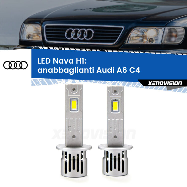0 Anabbaglianti LED Audi A6 C4 1994 - 1997: H1 Nava <strong>Anabbaglianti LED no-spie per Audi A6</strong> C4 1994 - 1997. Coppia lampade <strong> H1</strong> modello Nava canbus, raffreddate a ventola.