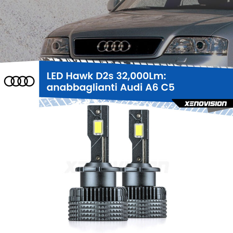 Anabbaglianti LED Audi A6 C5 1997 - 2004 - D2S/R 32,000Lm <strong>Kit anabbaglianti LED specifico per Audi A6</strong> C5 1997 - 2004. Lampade <strong>D2S/D2R</strong> Canbus da 32.000Lumen di luminosità modello Hawk Xenovision.