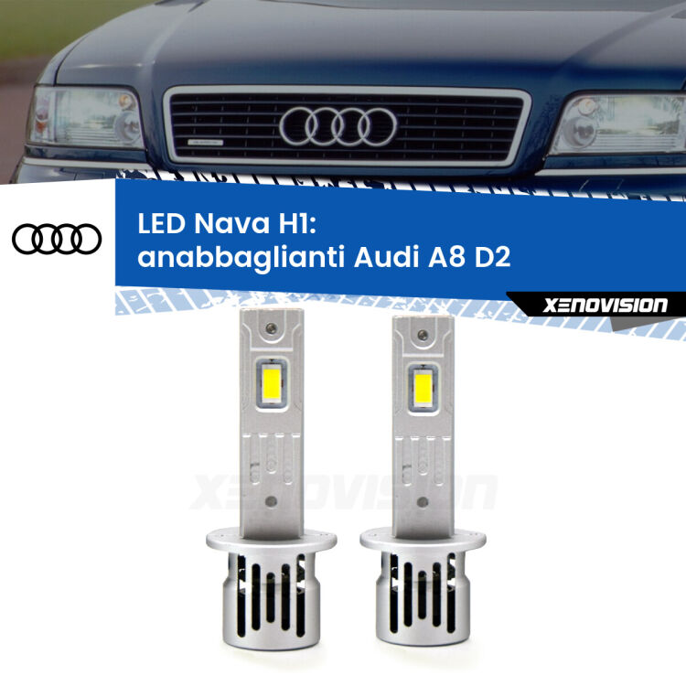 Anabbaglianti LED Audi A8 D2 1994 - 2002: H1 Nava <strong>Anabbaglianti LED no-spie per Audi A8</strong> D2 1994 - 2002. Coppia lampade <strong> H1</strong> modello Nava canbus, raffreddate a ventola.