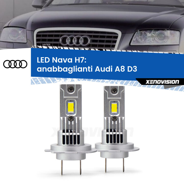 Anabbaglianti LED Audi A8 D3 2002 - 2009: H7 Nava <strong>Anabbaglianti LED no-spie per Audi A8</strong> D3 2002 - 2009. Coppia lampade <strong>H7</strong> modello Nava canbus, raffreddate a ventola.