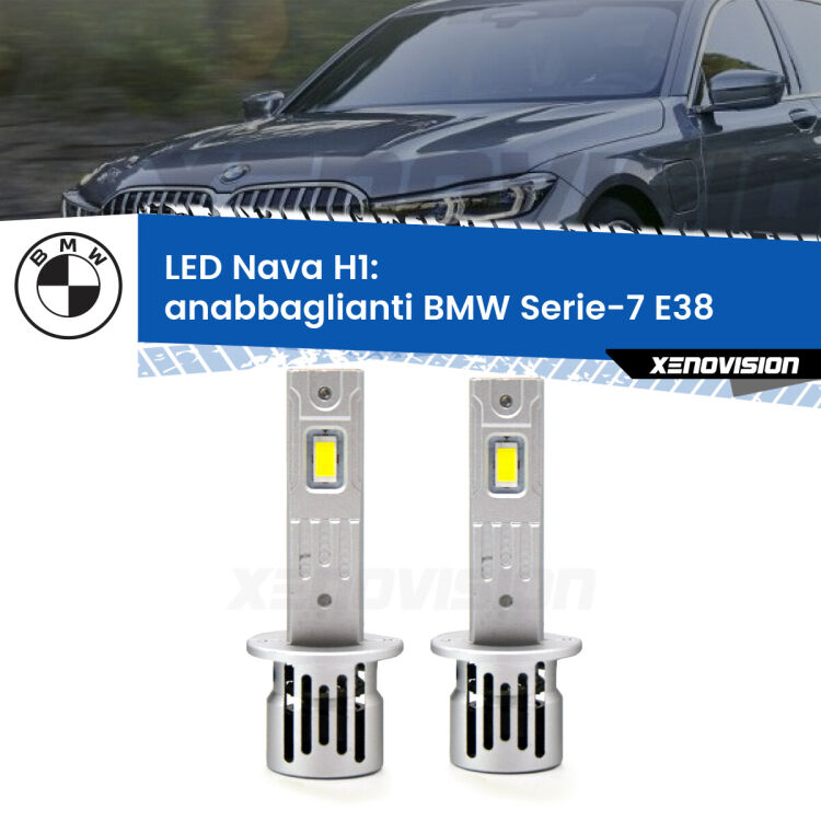 Anabbaglianti LED BMW Serie-7 E38 1994 - 1998: H1 Nava <strong>Anabbaglianti LED no-spie per BMW Serie-7</strong> E38 1994 - 1998. Coppia lampade <strong> H1</strong> modello Nava canbus, raffreddate a ventola.