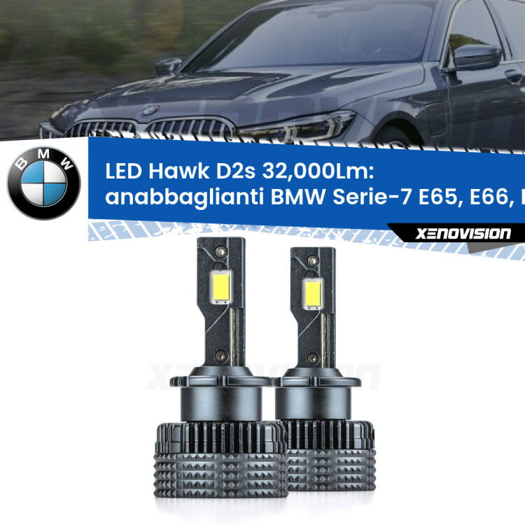 <strong>Kit anabbaglianti LED specifico per BMW Serie-7</strong> E65, E66, E67 2001 - 2005. Lampade <strong>D2S</strong> Canbus da 32.000Lumen di luminosità modello Hawk Xenovision.