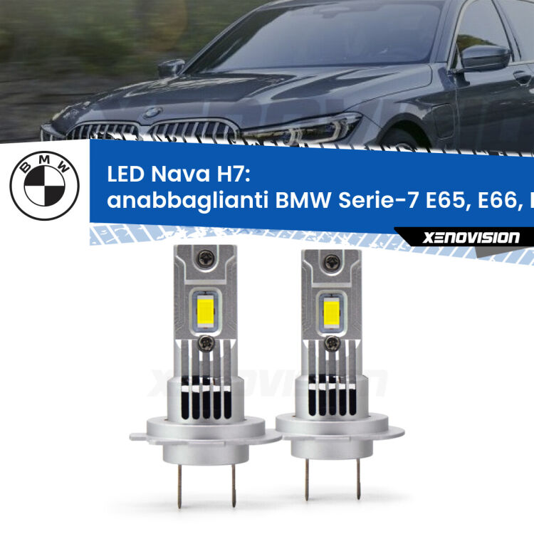 0 Anabbaglianti LED BMW Serie-7 E65, E66, E67 2001 - 2008: H7 Nava <strong>Anabbaglianti LED no-spie per BMW Serie-7</strong> E65, E66, E67 2001 - 2008. Coppia lampade <strong>H7</strong> modello Nava canbus, raffreddate a ventola.