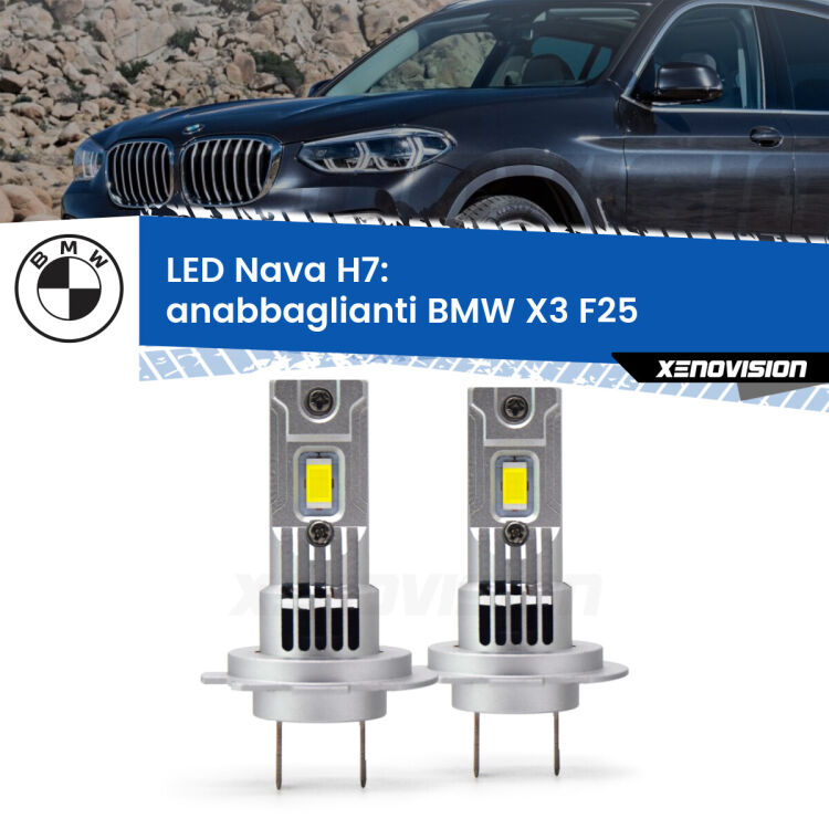 Anabbaglianti LED BMW X3 F25 2010 - 2016: H7 Nava <strong>Anabbaglianti LED no-spie per BMW X3</strong> F25 2010 - 2016. Coppia lampade <strong>H7</strong> modello Nava canbus, raffreddate a ventola.
