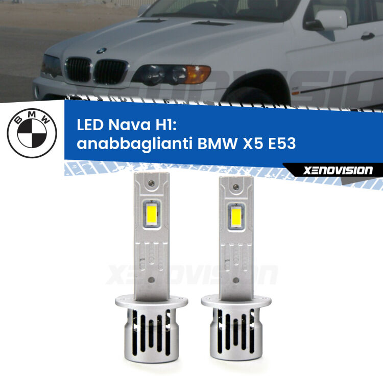 Anabbaglianti LED BMW X5 E53 2003 - 2005: H1 Nava <strong>Anabbaglianti LED no-spie per BMW X5</strong> E53 2003 - 2005. Coppia lampade <strong> H1</strong> modello Nava canbus, raffreddate a ventola.