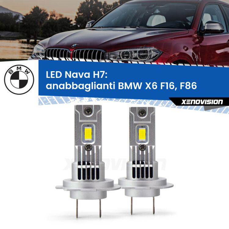 Anabbaglianti LED BMW X6 F16, F86 2015 - 2019: H7 Nava <strong>Anabbaglianti LED no-spie per BMW X6</strong> F16, F86 2015 - 2019. Coppia lampade <strong>H7</strong> modello Nava canbus, raffreddate a ventola.