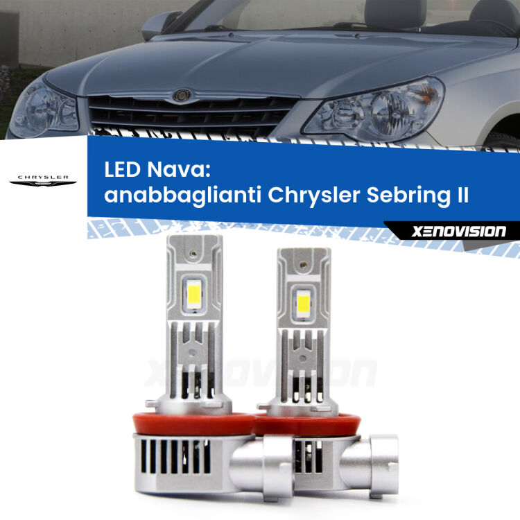 0 Anabbaglianti LED Chrysler Sebring II 2007 - 2010: Nava 20,000Lm <strong>Anabbaglianti LED no-spie per Chrysler Sebring</strong> II 2007 - 2010. Coppia lampade <strong>H11</strong>/H9/H8/H16(JP) modello Nava canbus, raffreddate a ventola.
