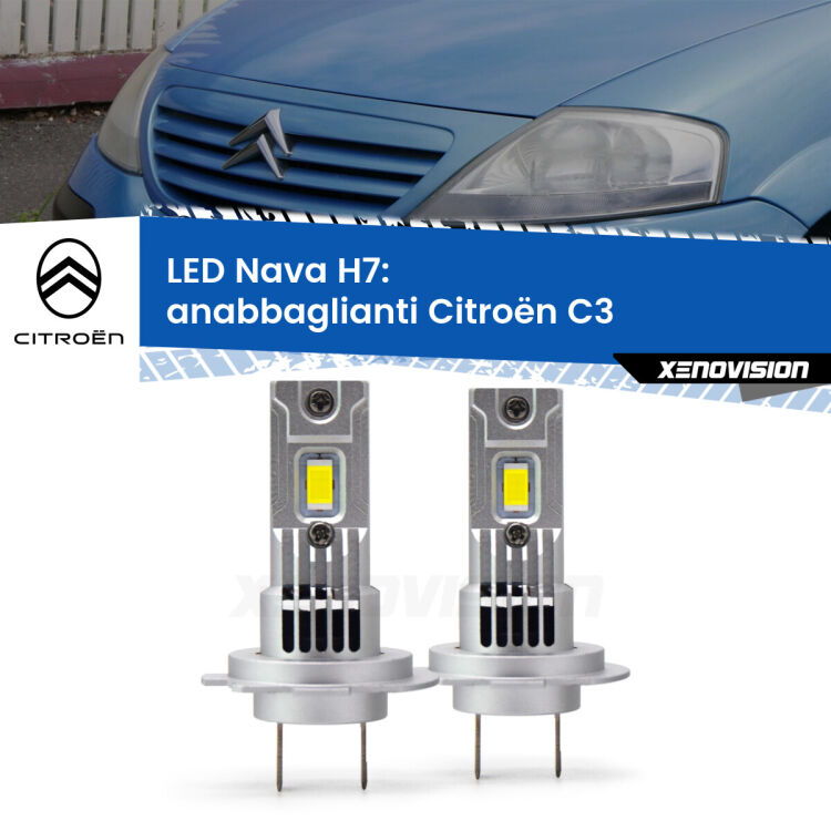Anabbaglianti LED Citroën C3  2002 - 2009: H7 Nava <strong>Anabbaglianti LED no-spie per Citroën C3</strong>  2002 - 2009. Coppia lampade <strong>H7</strong> modello Nava canbus, raffreddate a ventola.
