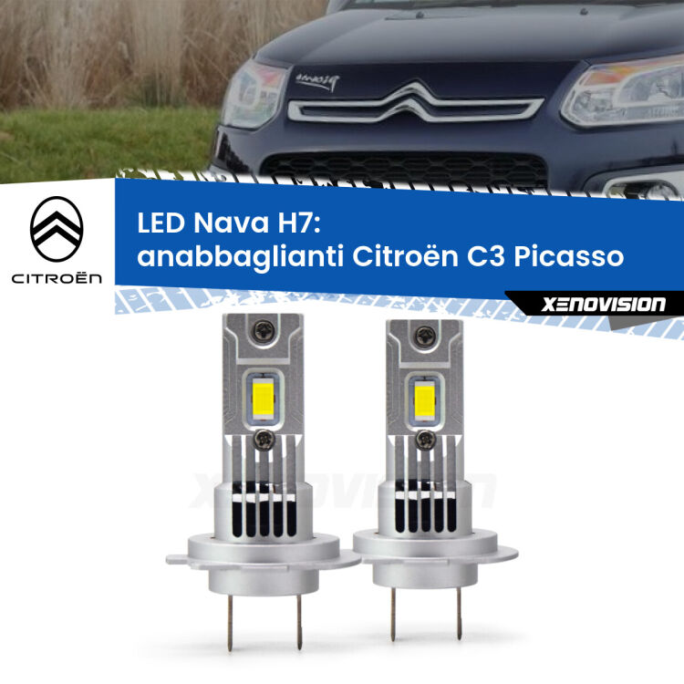 Anabbaglianti LED Citroën C3 Picasso  2009 - 2016: H7 Nava <strong>Anabbaglianti LED no-spie per Citroën C3 Picasso</strong>  2009 - 2016. Coppia lampade <strong>H7</strong> modello Nava canbus, raffreddate a ventola.