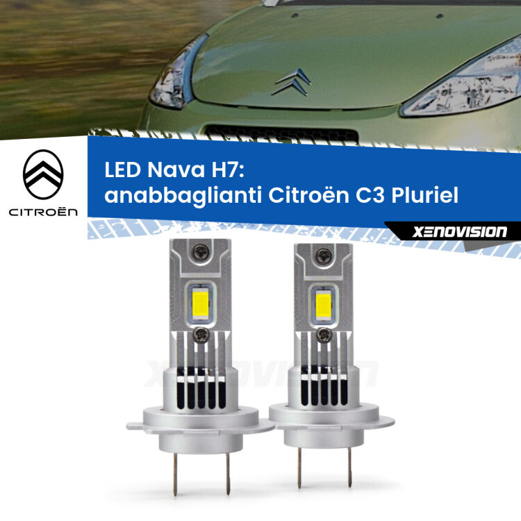 Anabbaglianti LED Citroën C3 Pluriel  2003 - 2010: H7 Nava <strong>Anabbaglianti LED no-spie per Citroën C3 Pluriel</strong>  2003 - 2010. Coppia lampade <strong>H7</strong> modello Nava canbus, raffreddate a ventola.
