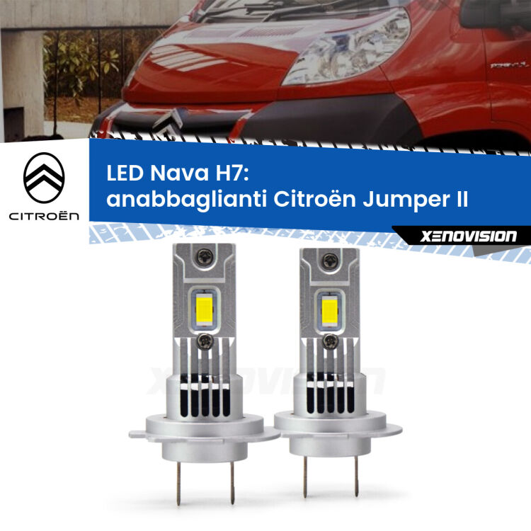 0 Anabbaglianti LED Citroën Jumper II 2002 in poi: H7 Nava <strong>Anabbaglianti LED no-spie per Citroën Jumper</strong> II 2002 in poi. Coppia lampade <strong>H7</strong> modello Nava canbus, raffreddate a ventola.