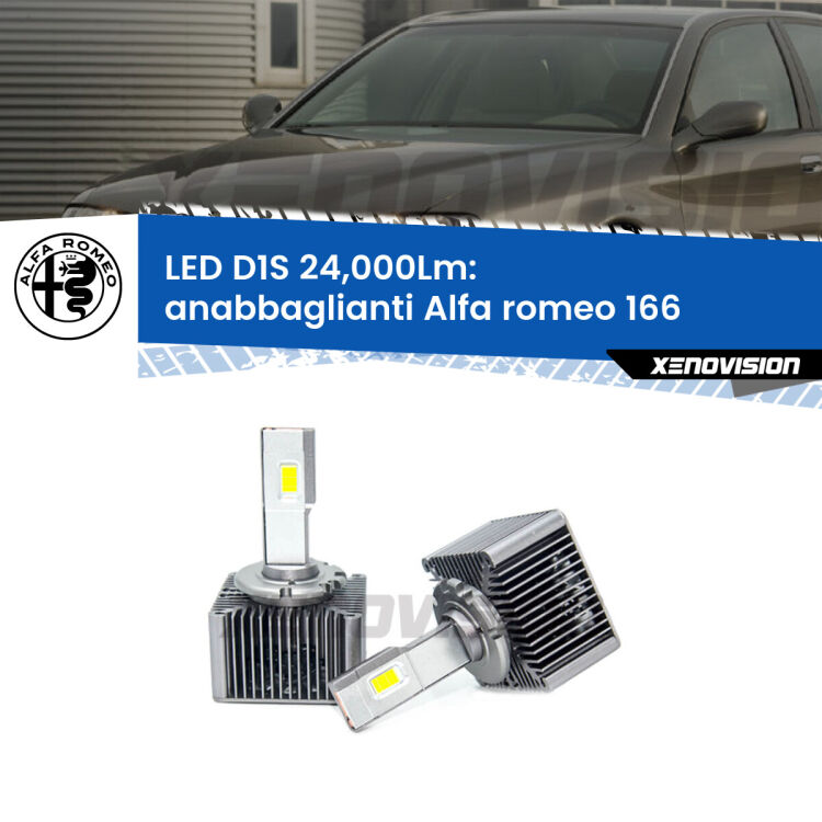 Anabbaglianti LED D1S 24,000Lm per Alfa romeo 166  1998 - 2007 <strong>Lampade conversione a LED specifiche per Alfa romeo 166</strong>  1998 - 2007 con fari D1S xenon di serie. Lampade Canbus da 24.000Lumen, Qualità Massima.