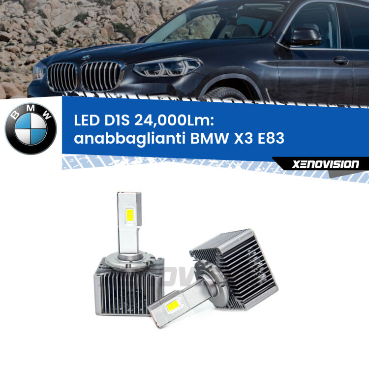 <strong>Lampade conversione a LED specifiche per BMW X3</strong> E83 2006 - 2010 con fari D1S xenon di serie. Lampade Canbus da 24.000Lumen, Qualità Massima.
