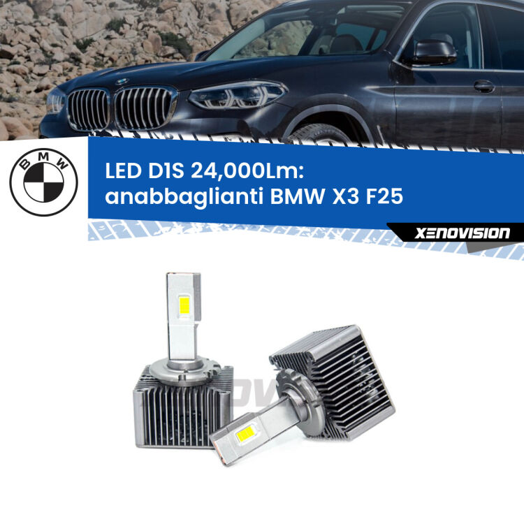 Anabbaglianti LED D1S 24,000Lm per BMW X3 F25 2010 - 2016 <strong>Lampade conversione a LED specifiche per BMW X3</strong> F25 2010 - 2016 con fari D1S xenon di serie. Lampade Canbus da 24.000Lumen, Qualità Massima.