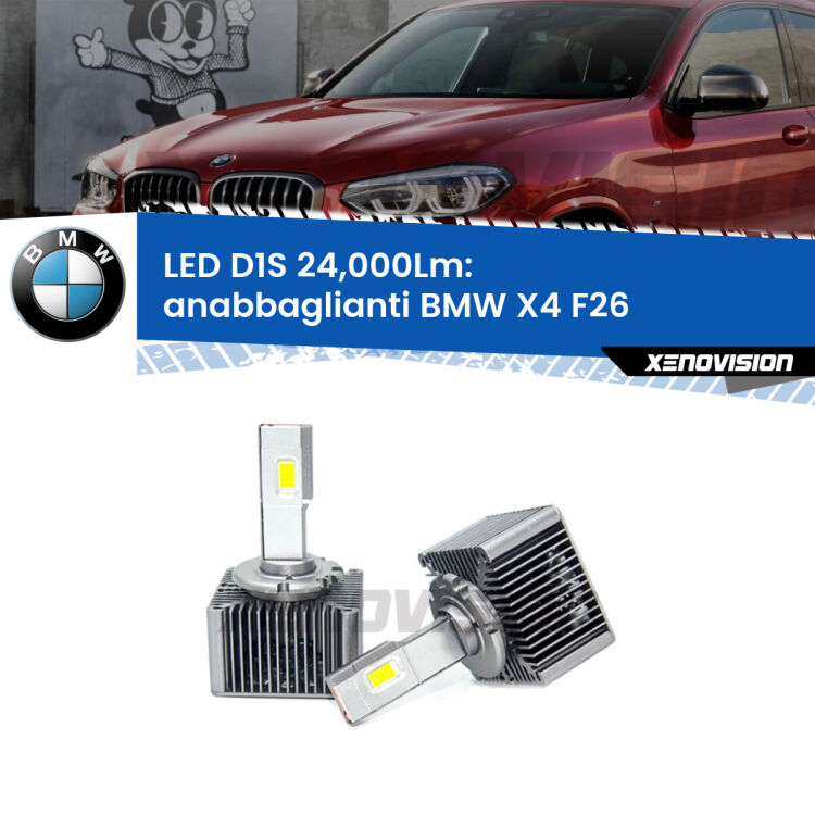 <strong>Lampade conversione a LED specifiche per BMW X4</strong> F26 2014 - 2017 con fari D1S xenon di serie. Lampade Canbus da 24.000Lumen, Qualità Massima.